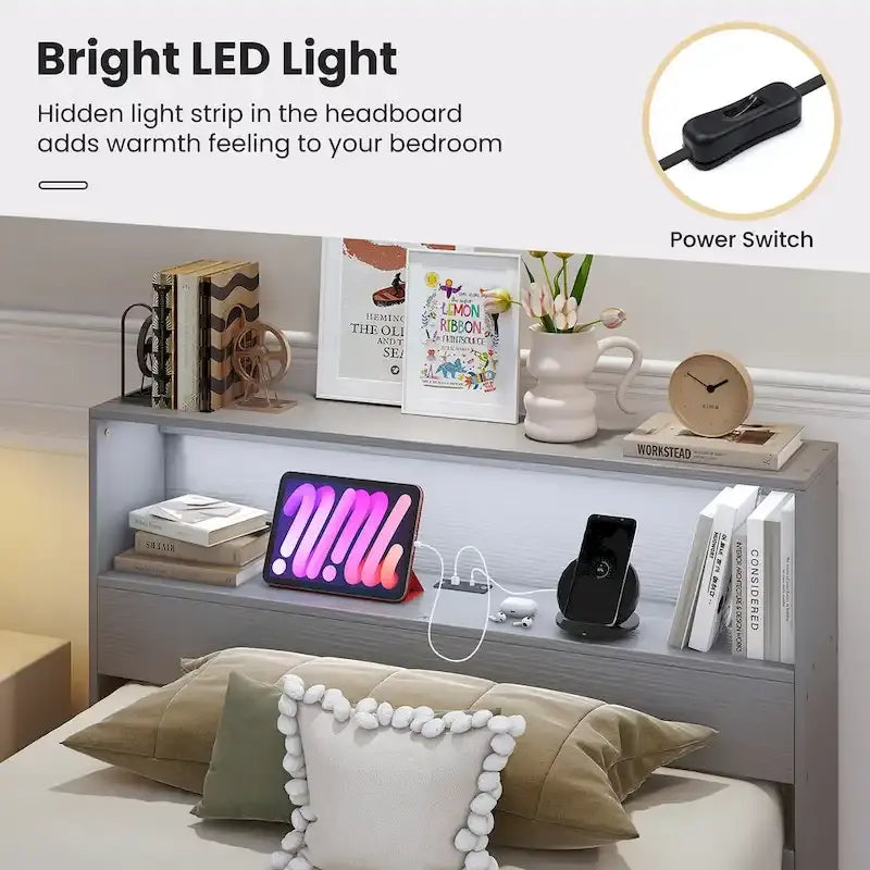 Cadre de lit double en bois gris avec rangement intégré dans la tête de lit, port de chargement USB et éclairage LED