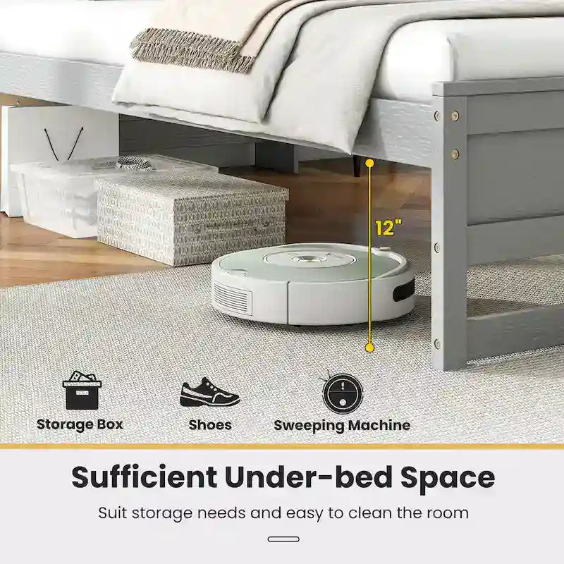 Cadre de lit double en bois gris avec rangement intégré dans la tête de lit, port de chargement USB et éclairage LED