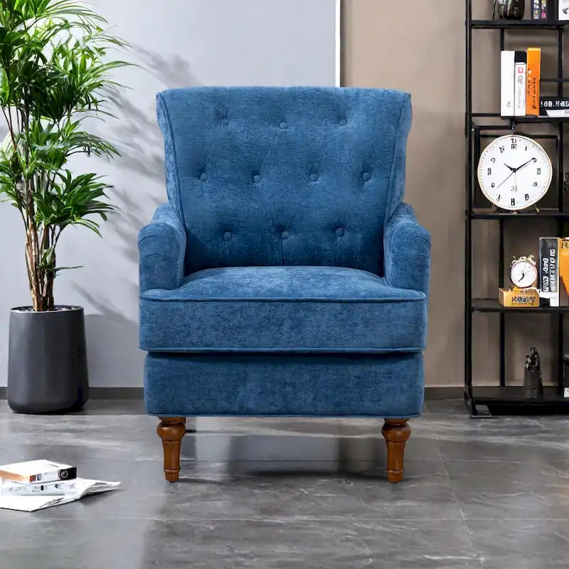 Fauteuil d'appoint à dossier haut en chenille couleur avoine, avec accoudoirs, dossier capitonné et pieds tournés en bois, style rétro