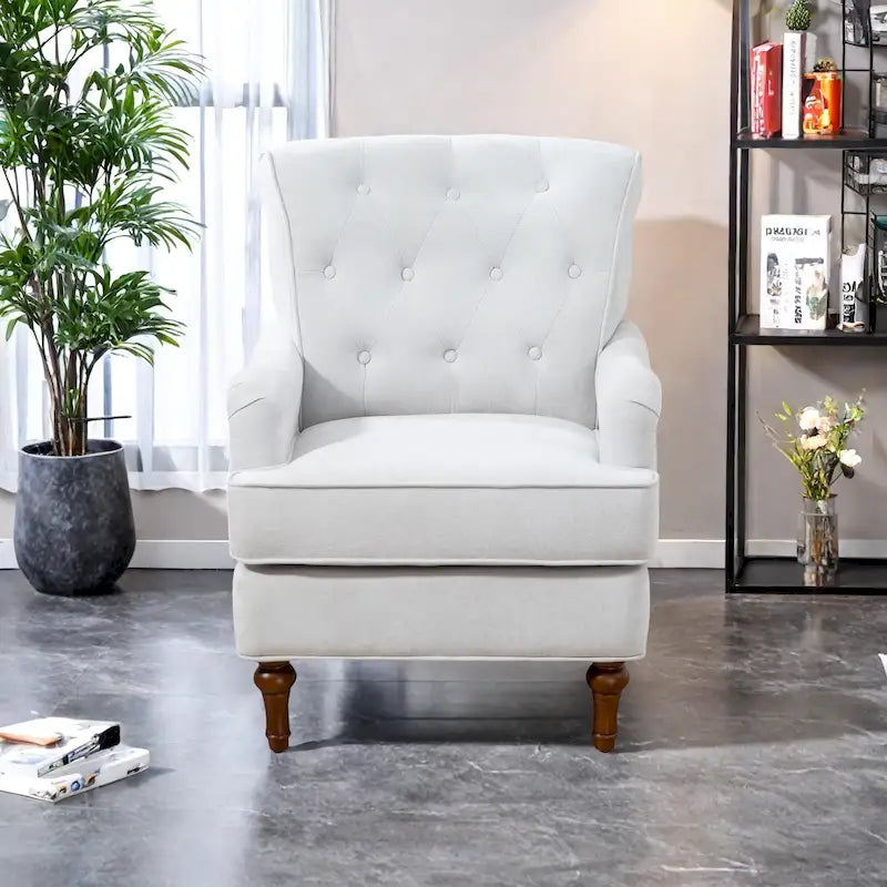 Fauteuil d'appoint à dossier haut en chenille couleur avoine, avec accoudoirs, dossier capitonné et pieds tournés en bois, style rétro