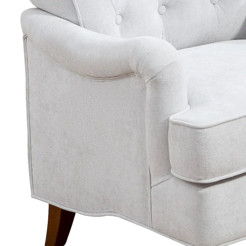 Fauteuil d'appoint à dossier haut en chenille couleur avoine, avec accoudoirs, dossier capitonné et pieds tournés en bois, style rétro