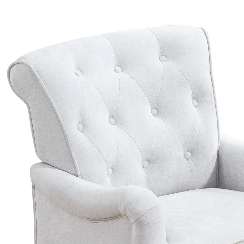 Fauteuil d'appoint à dossier haut en chenille couleur avoine, avec accoudoirs, dossier capitonné et pieds tournés en bois, style rétro