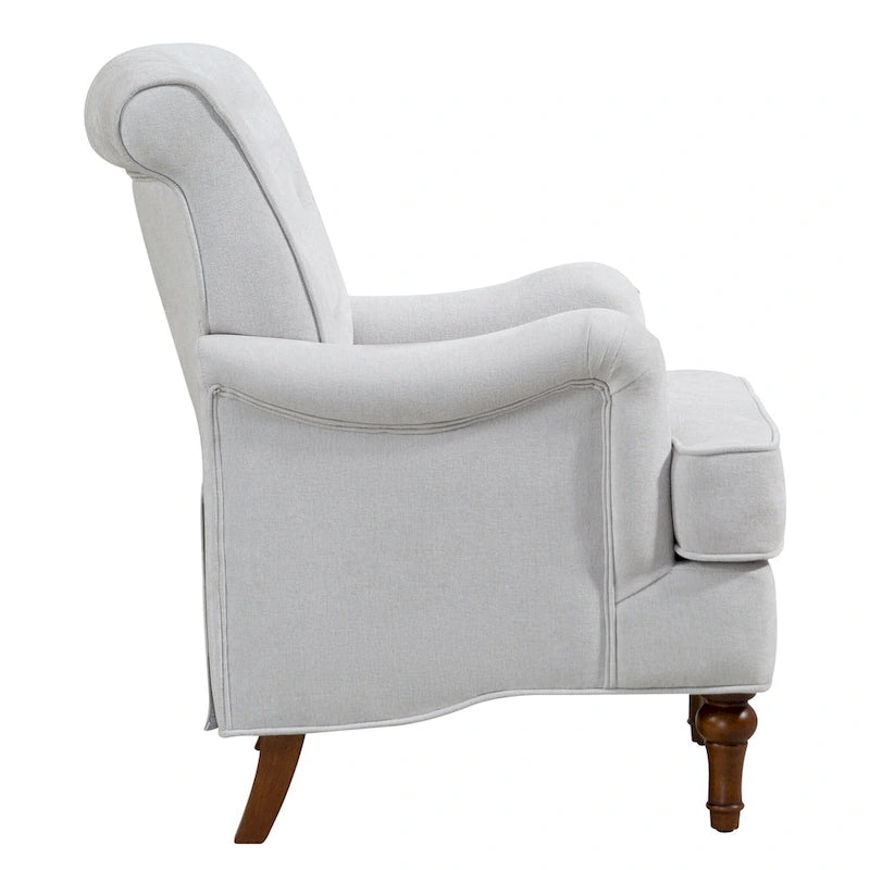 Fauteuil d'appoint à dossier haut en chenille couleur avoine, avec accoudoirs, dossier capitonné et pieds tournés en bois, style rétro