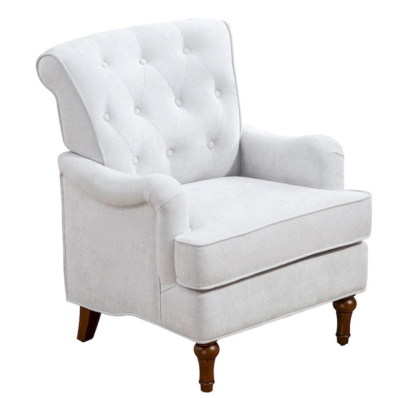 Fauteuil d'appoint à dossier haut en chenille couleur avoine, avec accoudoirs, dossier capitonné et pieds tournés en bois, style rétro