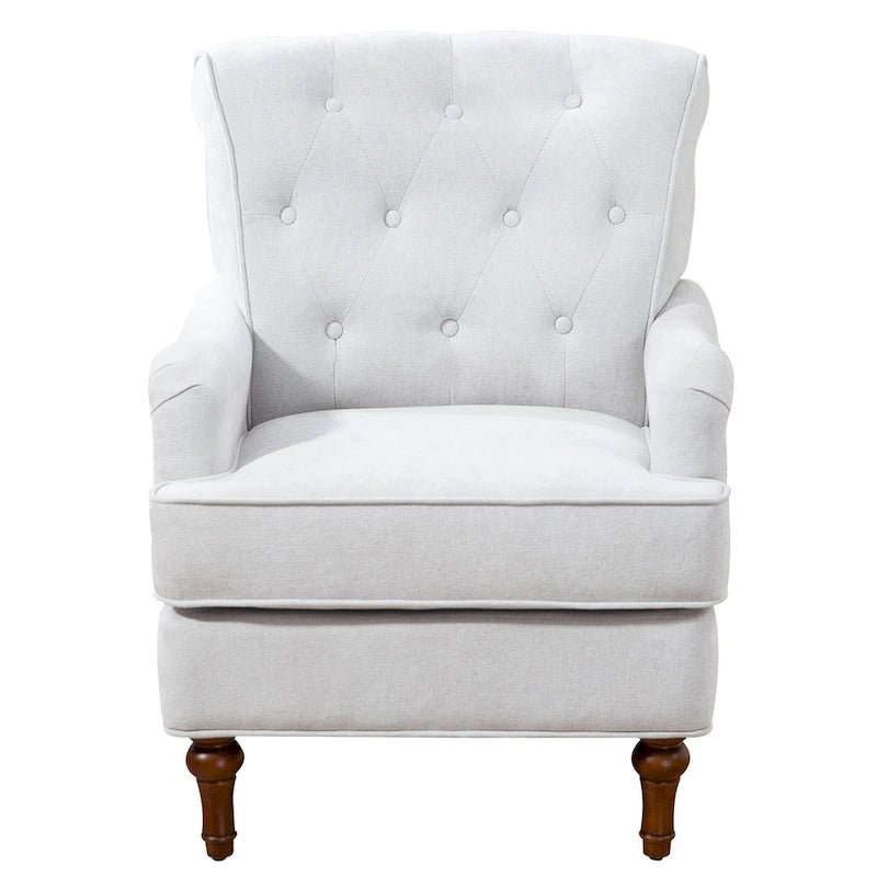 Fauteuil d'appoint à dossier haut en chenille couleur avoine, avec accoudoirs, dossier capitonné et pieds tournés en bois, style rétro