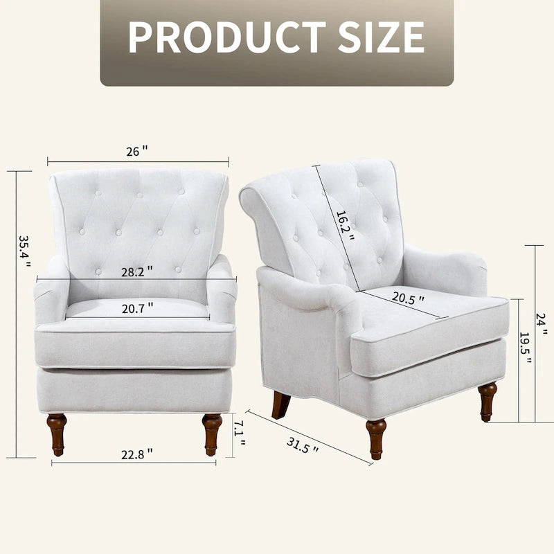 Fauteuil d'appoint à dossier haut en chenille couleur avoine, avec accoudoirs, dossier capitonné et pieds tournés en bois, style rétro