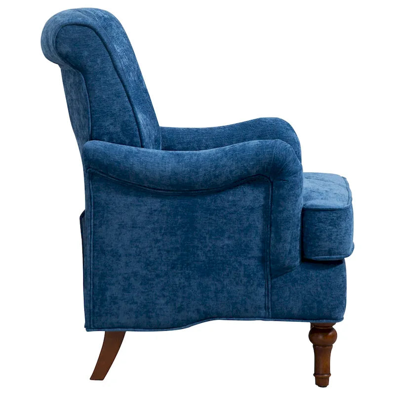 Fauteuil d'appoint à dossier haut en chenille couleur avoine, avec accoudoirs, dossier capitonné et pieds tournés en bois, style rétro