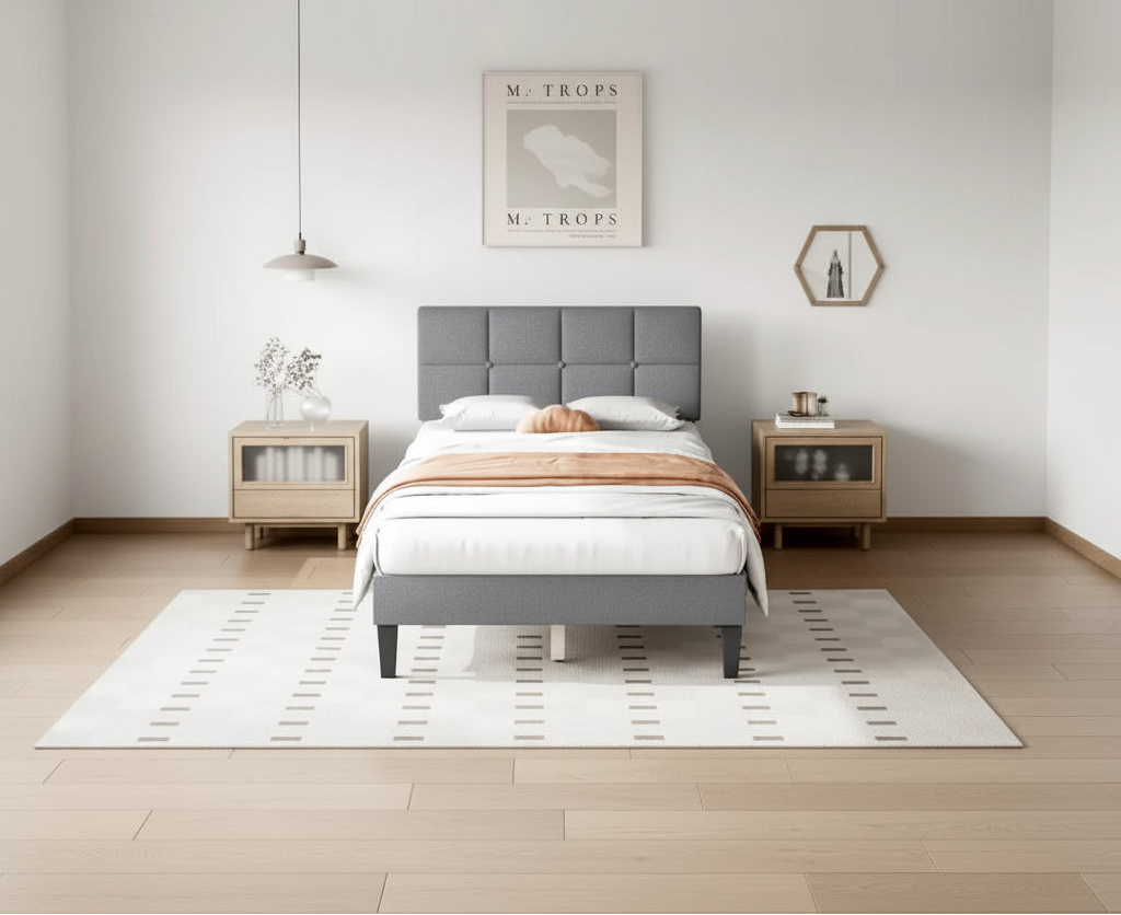 Linen Upholstered Platform Bed with Adjustable Headboard and Wooden Slats