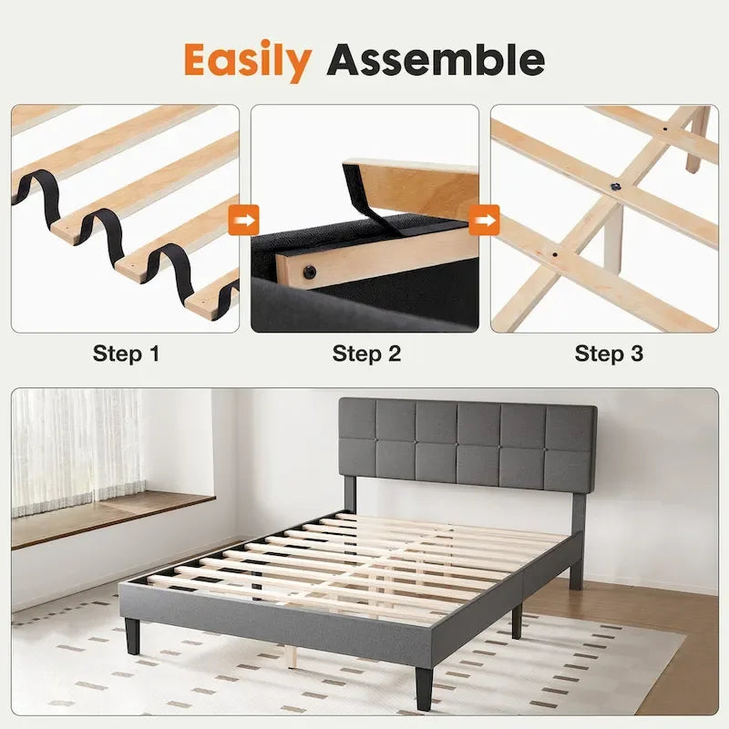 Lit plateforme en lin gris avec tête de lit capitonnée réglable, mousse à mémoire de forme, 10 lattes en bois, 360 kg, pas de sommier tapissier, jumeau, double, grand lit