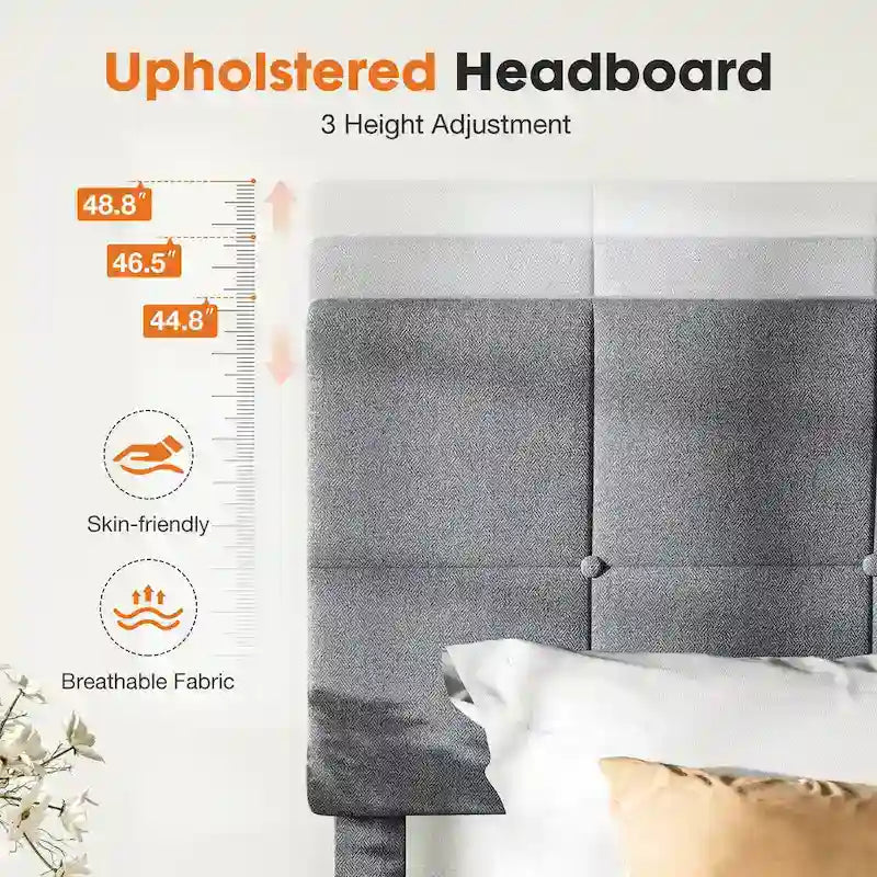Lit plateforme en lin gris avec tête de lit capitonnée réglable, mousse à mémoire de forme, 10 lattes en bois, 360 kg, pas de sommier tapissier, jumeau, double, grand lit