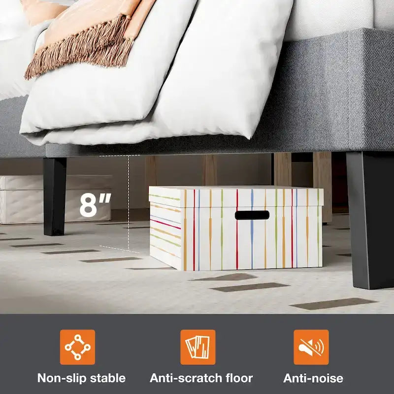 Lit plateforme en lin gris avec tête de lit capitonnée réglable, mousse à mémoire de forme, 10 lattes en bois, 360 kg, pas de sommier tapissier, jumeau, double, grand lit