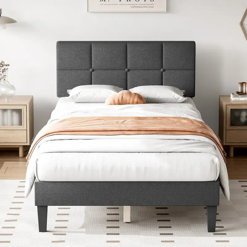 Lit plateforme en lin gris avec tête de lit capitonnée réglable, mousse à mémoire de forme, 10 lattes en bois, 360 kg, pas de sommier tapissier, jumeau, double, grand lit