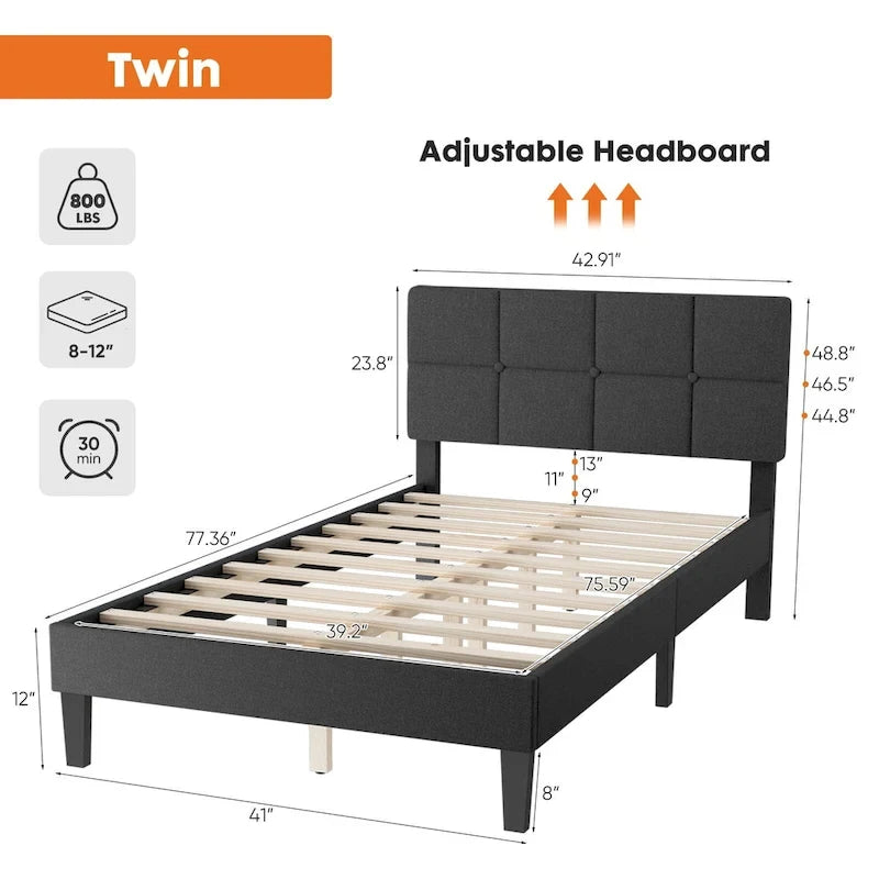 Lit plateforme en lin gris avec tête de lit capitonnée réglable, mousse à mémoire de forme, 10 lattes en bois, 360 kg, pas de sommier tapissier, jumeau, double, grand lit