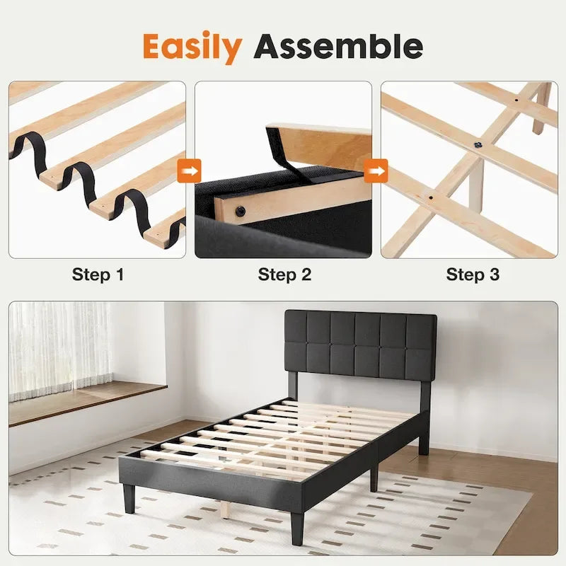 Lit plateforme en lin gris avec tête de lit capitonnée réglable, mousse à mémoire de forme, 10 lattes en bois, 360 kg, pas de sommier tapissier, jumeau, double, grand lit