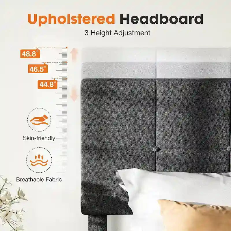 Lit plateforme en lin gris avec tête de lit capitonnée réglable, mousse à mémoire de forme, 10 lattes en bois, 360 kg, pas de sommier tapissier, jumeau, double, grand lit