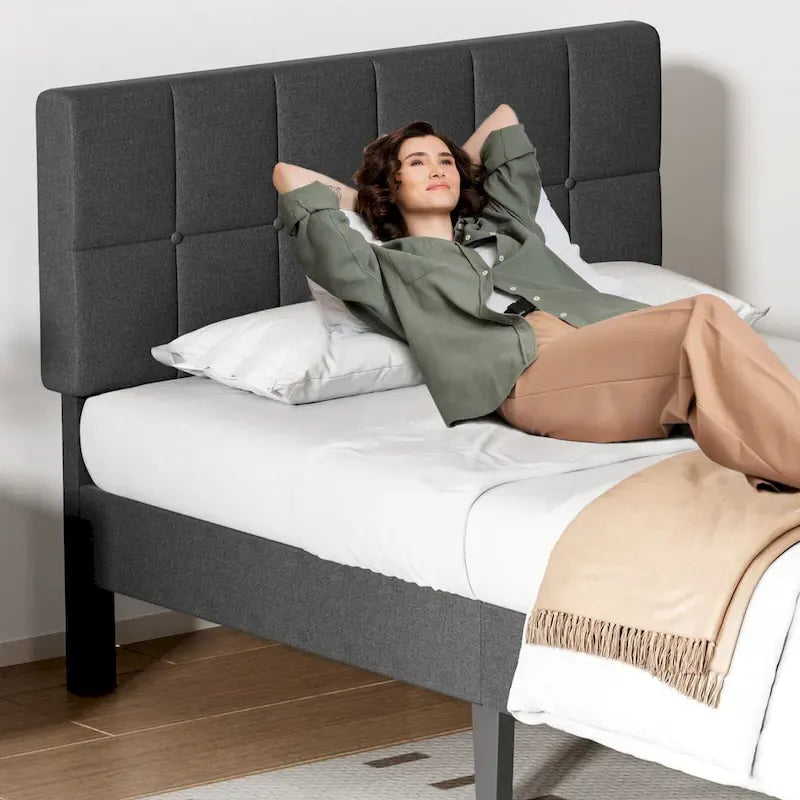 Lit plateforme en lin gris avec tête de lit capitonnée réglable, mousse à mémoire de forme, 10 lattes en bois, 360 kg, pas de sommier tapissier, jumeau, double, grand lit
