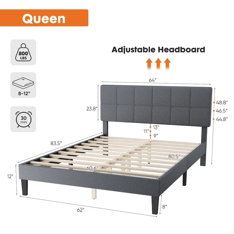 Lit plateforme en lin gris avec tête de lit capitonnée réglable, mousse à mémoire de forme, 10 lattes en bois, 360 kg, pas de sommier tapissier, jumeau, double, grand lit