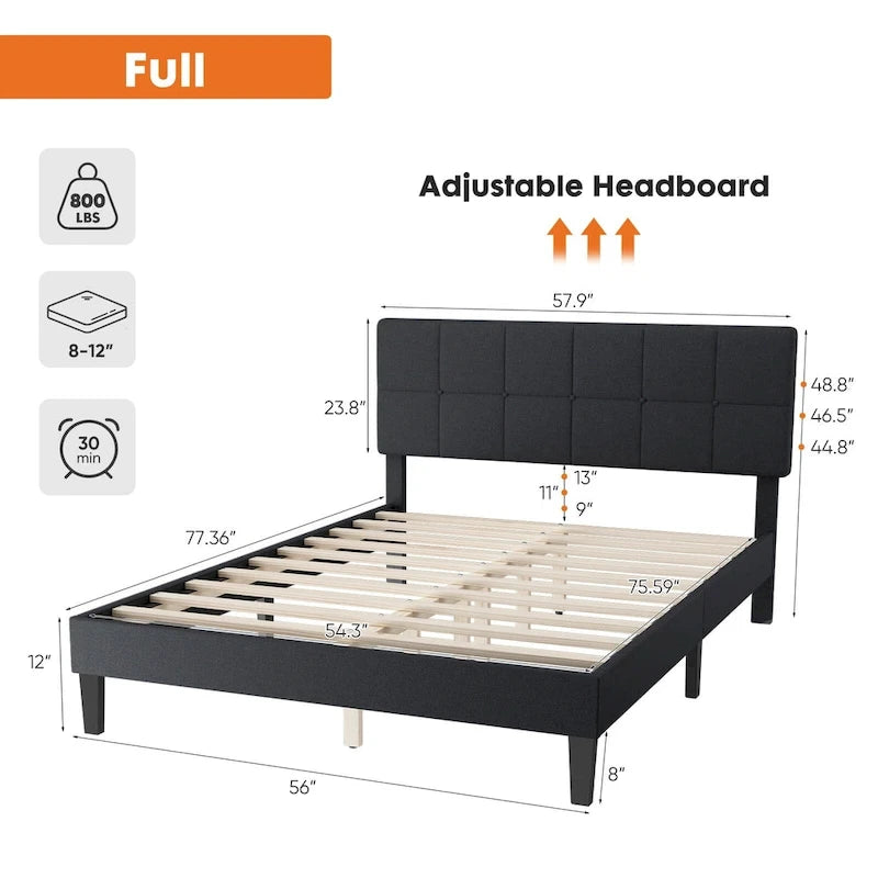 Lit plateforme en lin gris avec tête de lit capitonnée réglable, mousse à mémoire de forme, 10 lattes en bois, 360 kg, pas de sommier tapissier, jumeau, double, grand lit