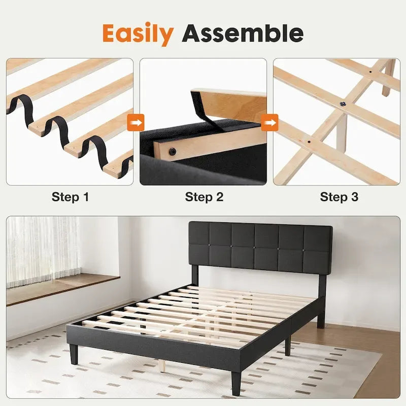 Lit plateforme en lin gris avec tête de lit capitonnée réglable, mousse à mémoire de forme, 10 lattes en bois, 360 kg, pas de sommier tapissier, jumeau, double, grand lit