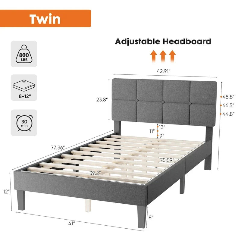 Lit plateforme en lin gris avec tête de lit capitonnée réglable, mousse à mémoire de forme, 10 lattes en bois, 360 kg, pas de sommier tapissier, jumeau, double, grand lit