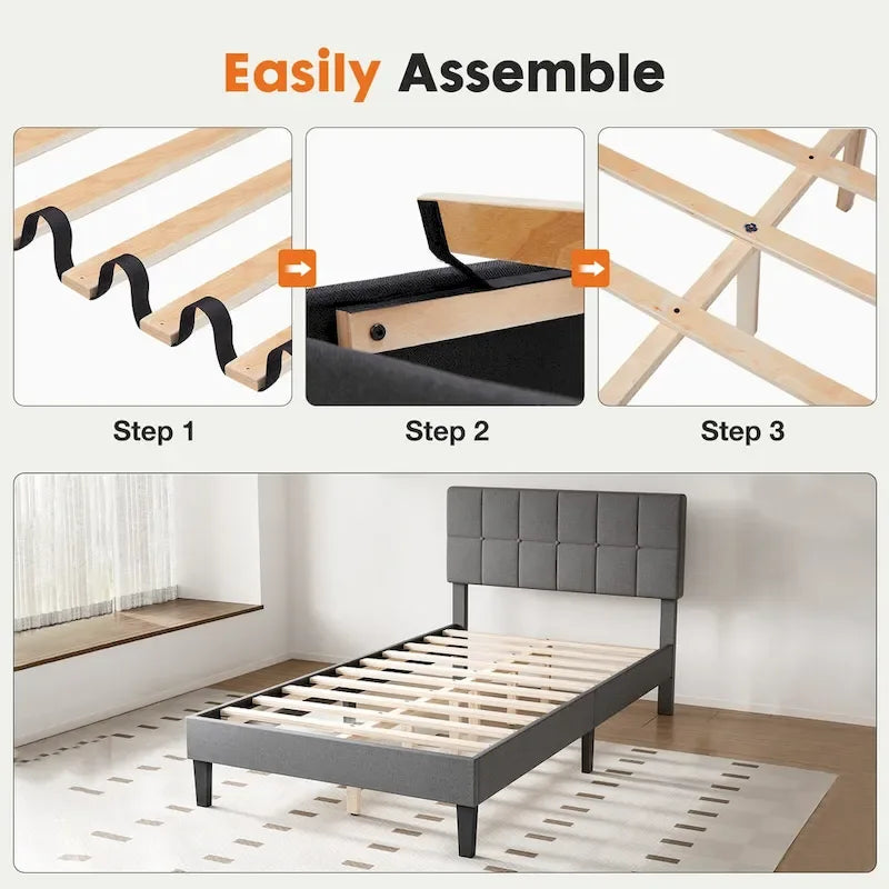 Lit plateforme en lin gris avec tête de lit capitonnée réglable, mousse à mémoire de forme, 10 lattes en bois, 360 kg, pas de sommier tapissier, jumeau, double, grand lit