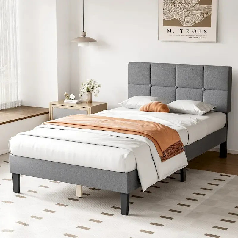 Lit plateforme en lin gris avec tête de lit capitonnée réglable, mousse à mémoire de forme, 10 lattes en bois, 360 kg, pas de sommier tapissier, jumeau, double, grand lit