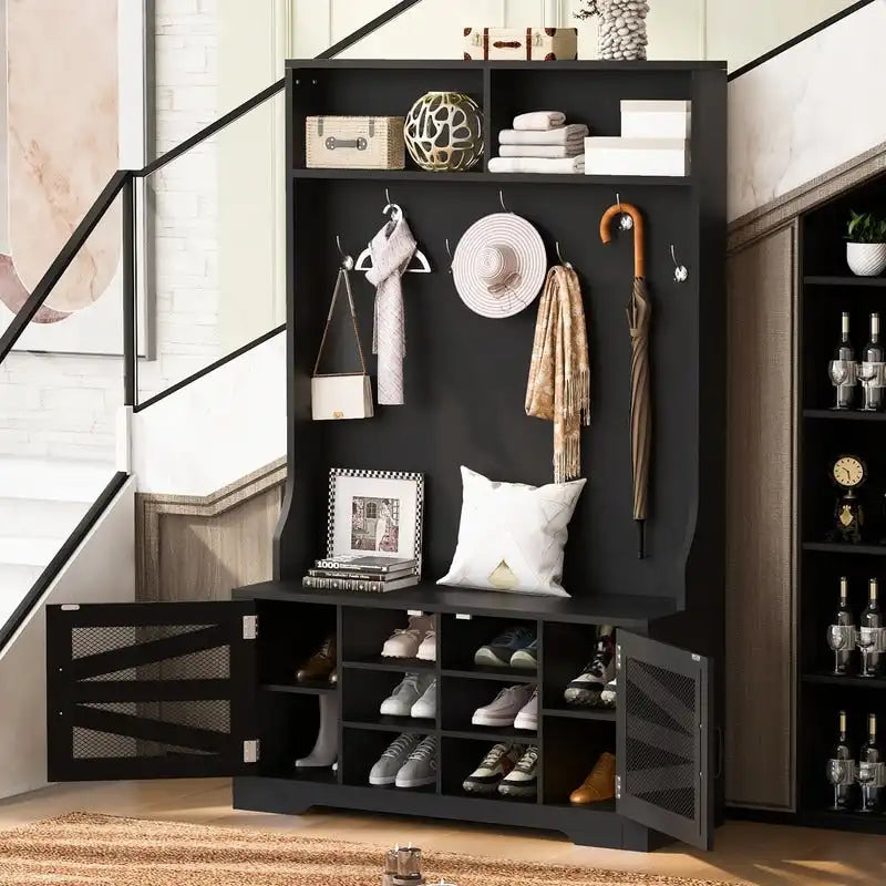 Porte-manteau noir 3 en 1 pour entrée avec banc, 7 patères, 10 casiers à chaussures, meuble à chaussures avec porte en maille MDF