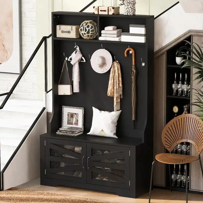 Porte-manteau noir 3 en 1 pour entrée avec banc, 7 patères, 10 casiers à chaussures, meuble à chaussures avec porte en maille MDF