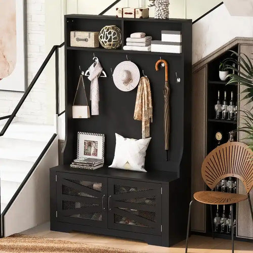 Porte-manteau noir 3 en 1 pour entrée avec banc, 7 patères, 10 casiers à chaussures, meuble à chaussures avec porte en maille MDF