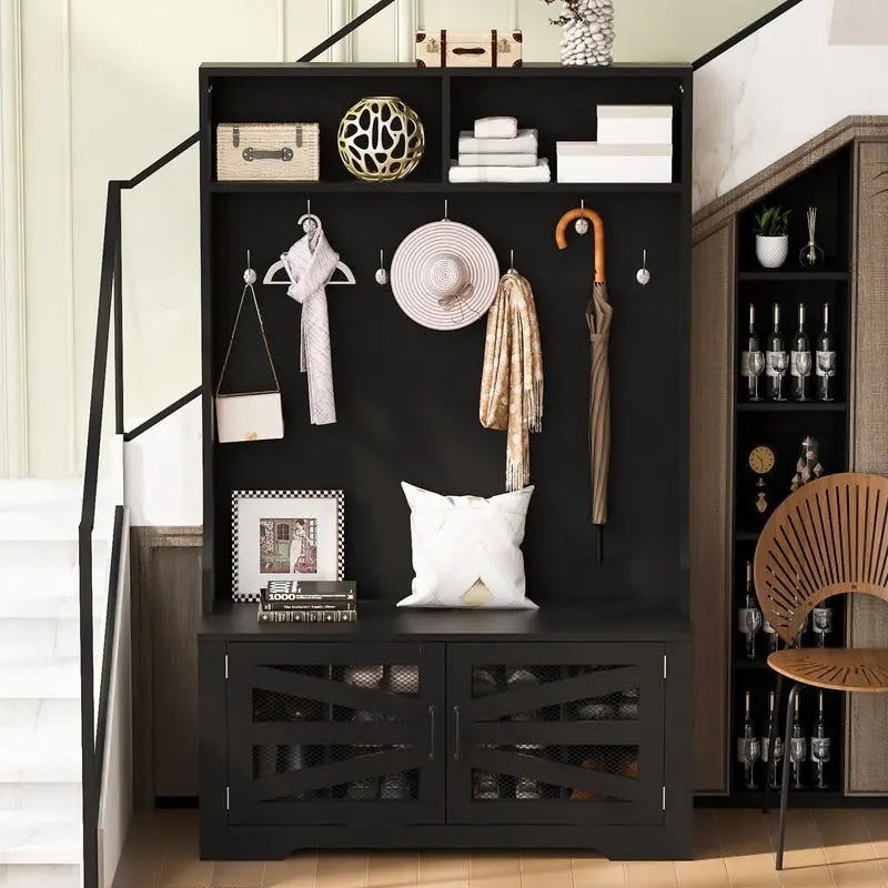 Porte-manteau noir 3 en 1 pour entrée avec banc, 7 patères, 10 casiers à chaussures, meuble à chaussures avec porte en maille MDF