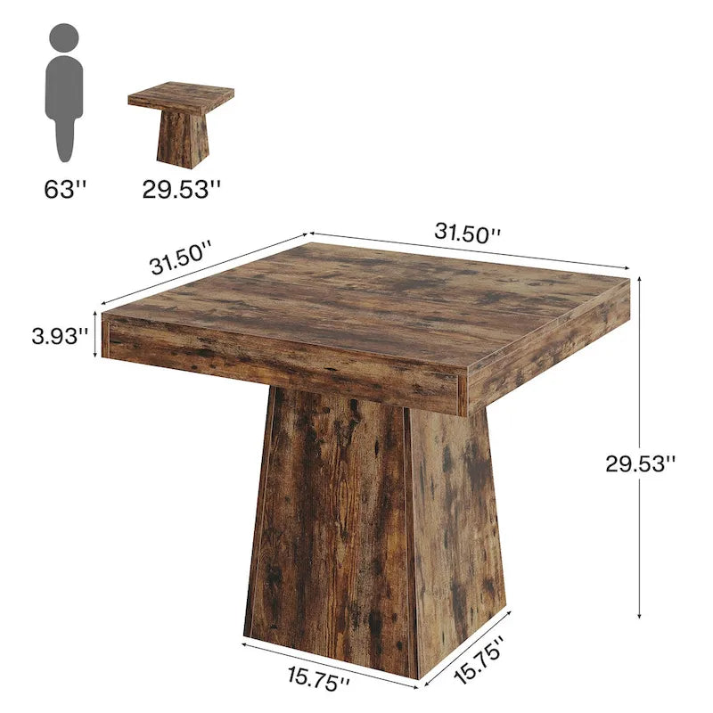 Table à manger carrée de ferme rustique avec pied central et plateau résistant à l'eau et aux rayures