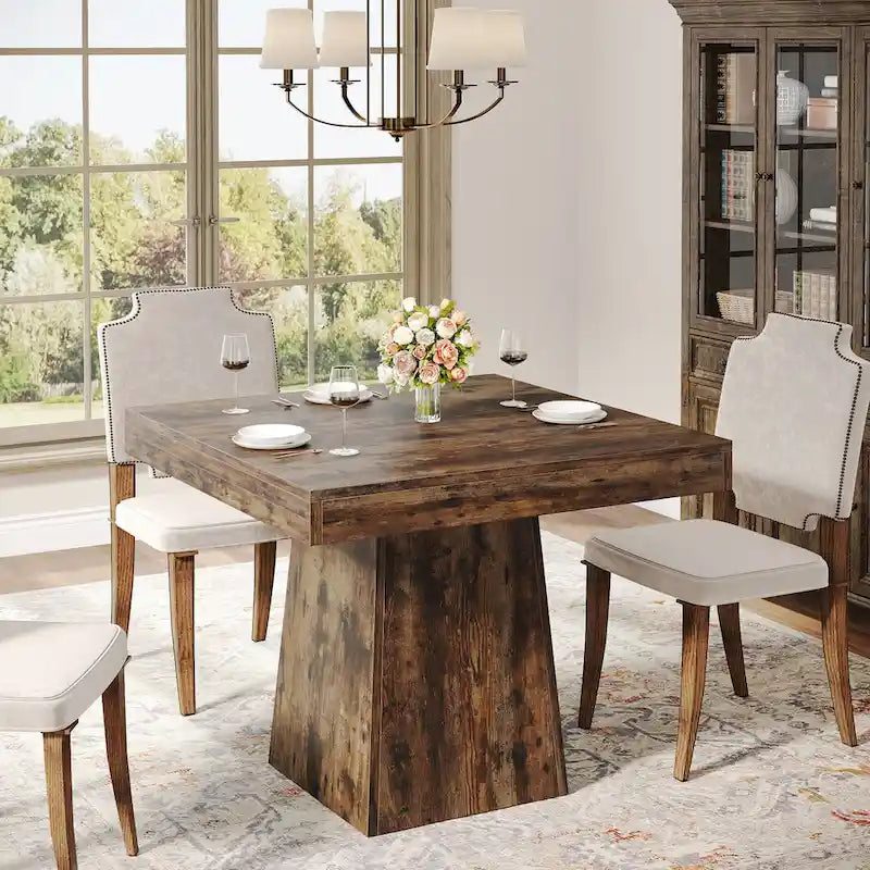 Table à manger carrée de ferme rustique avec pied central et plateau résistant à l'eau et aux rayures