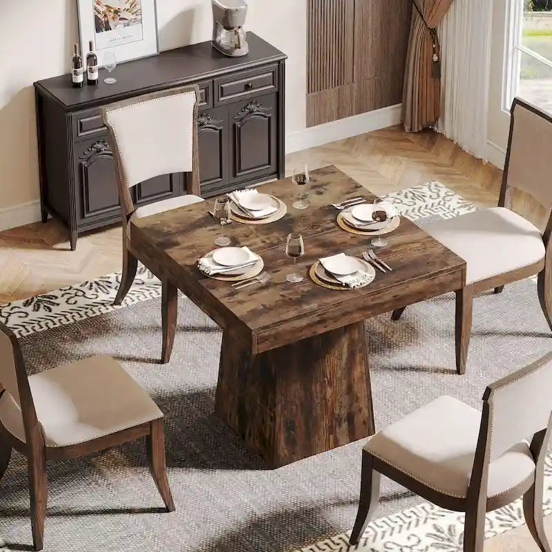 Table à manger carrée de ferme rustique avec pied central et plateau résistant à l'eau et aux rayures
