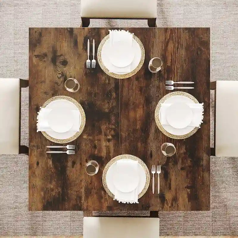 Table à manger carrée de ferme rustique avec pied central et plateau résistant à l'eau et aux rayures