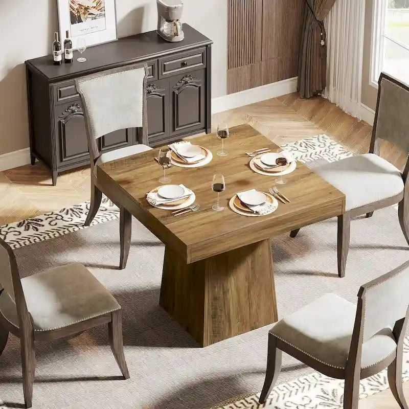 Table à manger carrée de ferme rustique avec pied central et plateau résistant à l'eau et aux rayures