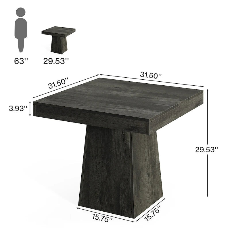 Table à manger carrée de ferme rustique avec pied central et plateau résistant à l'eau et aux rayures