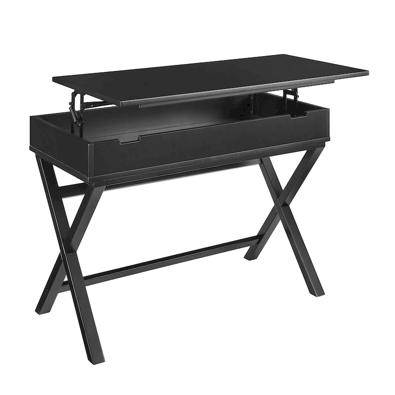 Bureau secrétaire blanc style campagne avec plateau relevable, pieds en X et compartiment de rangement caché