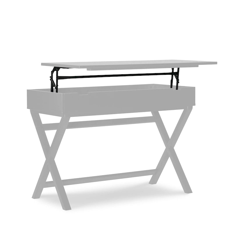 Bureau secrétaire blanc style campagne avec plateau relevable, pieds en X et compartiment de rangement caché
