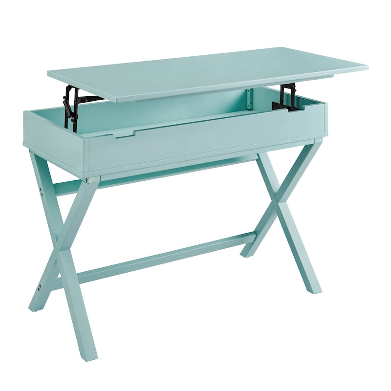 Bureau secrétaire blanc style campagne avec plateau relevable, pieds en X et compartiment de rangement caché
