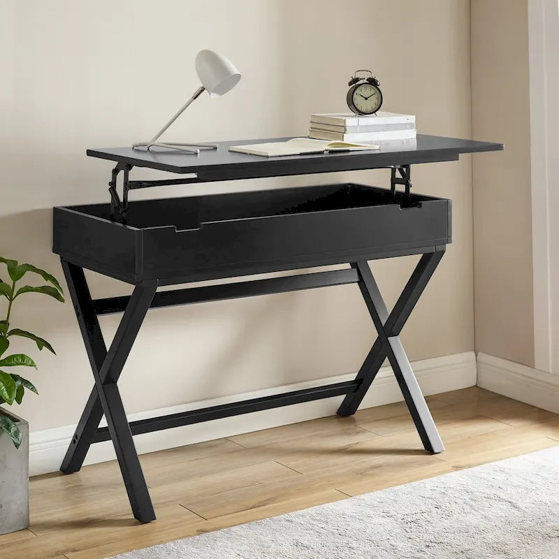Bureau secrétaire blanc style campagne avec plateau relevable, pieds en X et compartiment de rangement caché