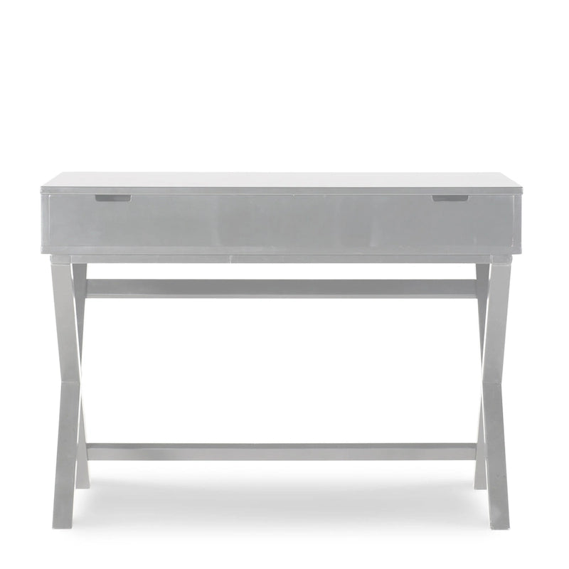 Bureau secrétaire blanc style campagne avec plateau relevable, pieds en X et compartiment de rangement caché