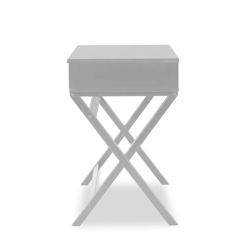 Bureau secrétaire blanc style campagne avec plateau relevable, pieds en X et compartiment de rangement caché