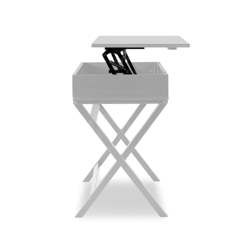 Bureau secrétaire blanc style campagne avec plateau relevable, pieds en X et compartiment de rangement caché