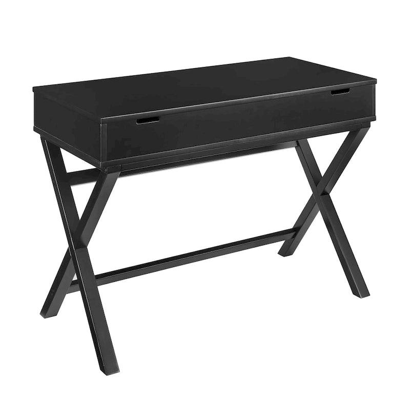 Bureau secrétaire blanc style campagne avec plateau relevable, pieds en X et compartiment de rangement caché