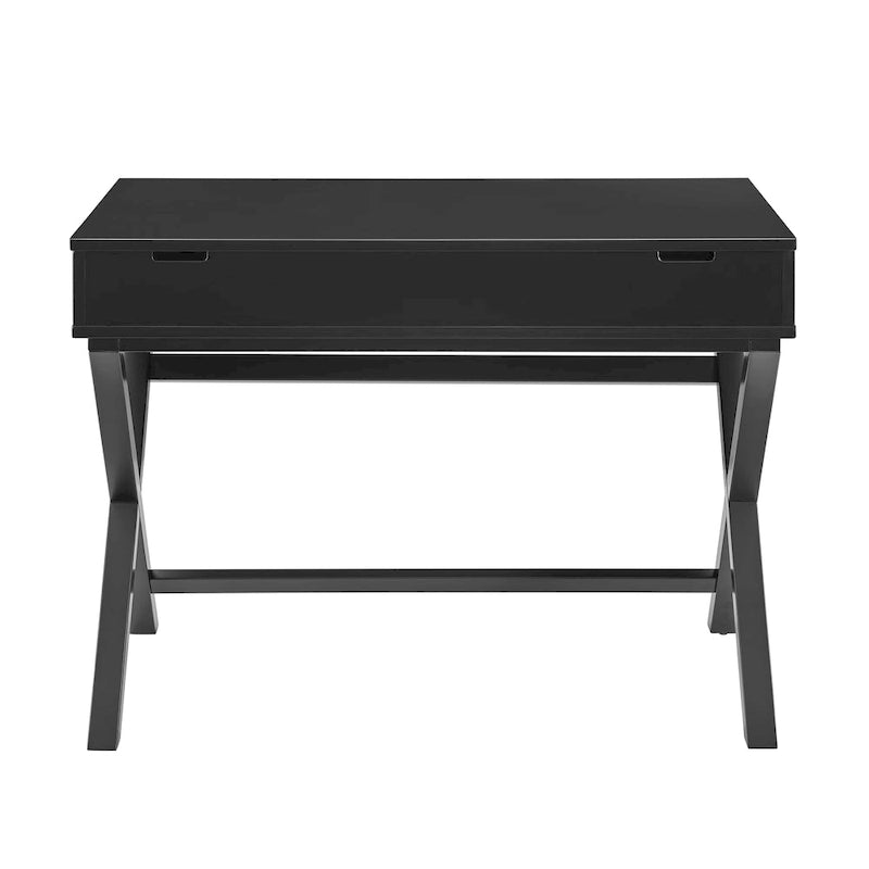 Bureau secrétaire blanc style campagne avec plateau relevable, pieds en X et compartiment de rangement caché