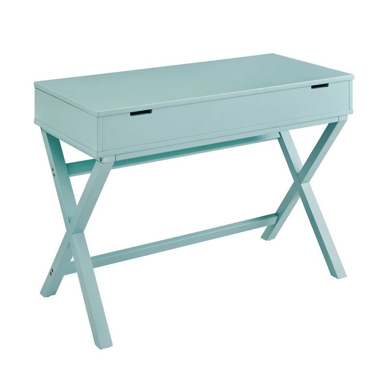 Bureau secrétaire blanc style campagne avec plateau relevable, pieds en X et compartiment de rangement caché