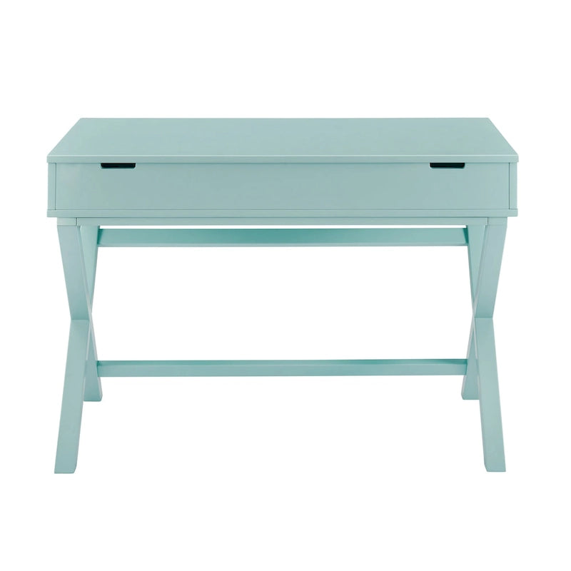 Bureau secrétaire blanc style campagne avec plateau relevable, pieds en X et compartiment de rangement caché