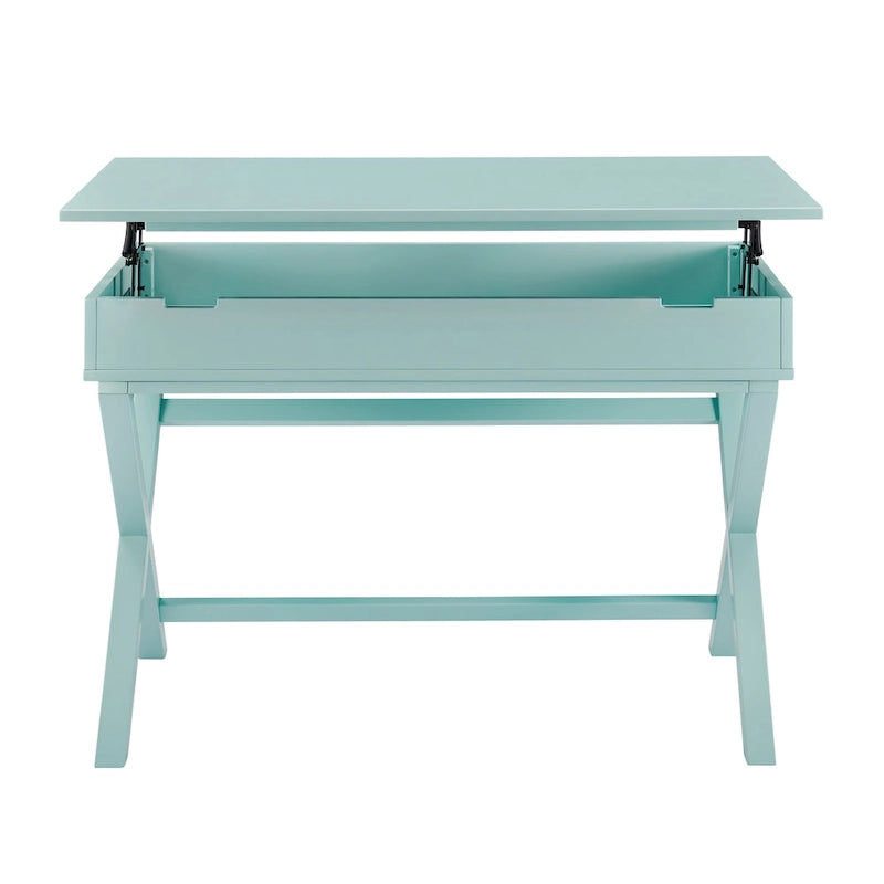 Bureau secrétaire blanc style campagne avec plateau relevable, pieds en X et compartiment de rangement caché
