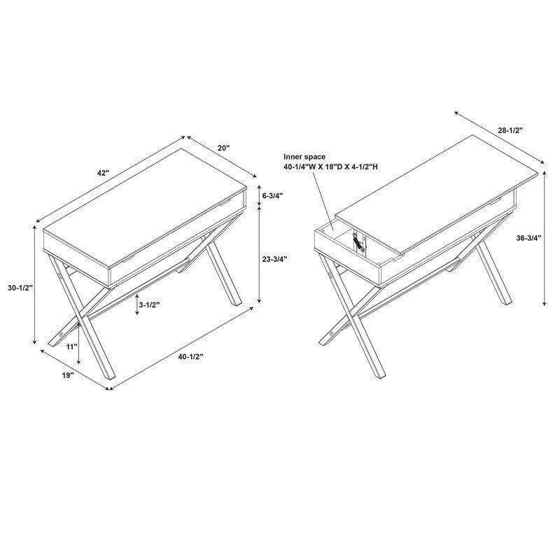 Bureau secrétaire blanc style campagne avec plateau relevable, pieds en X et compartiment de rangement caché