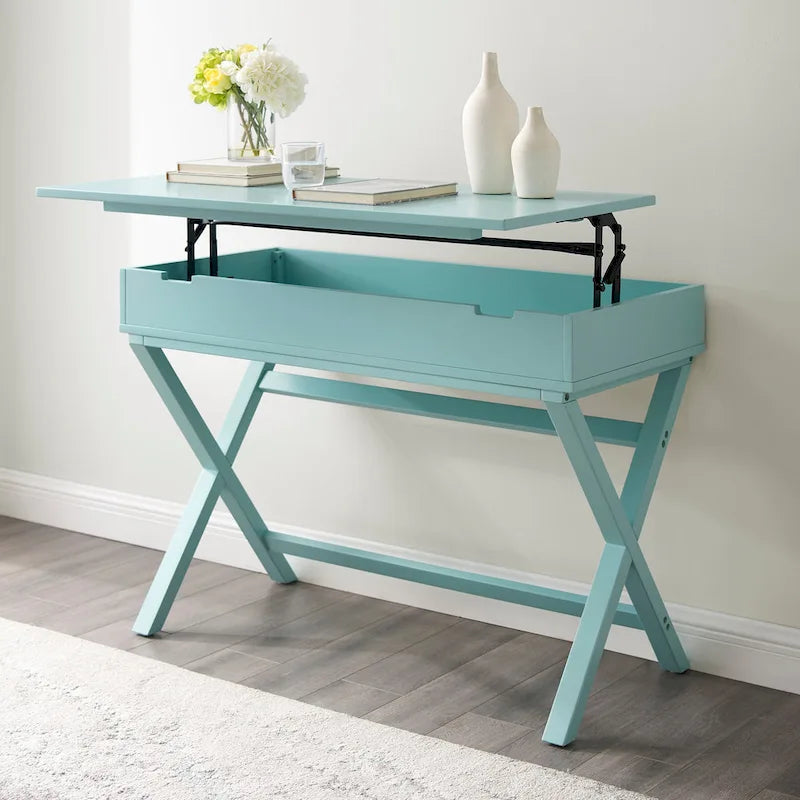 Bureau secrétaire blanc style campagne avec plateau relevable, pieds en X et compartiment de rangement caché